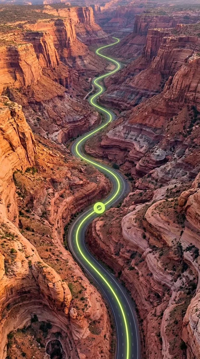 Stand-in: an aerial view of a road curving through a red-rock canyon