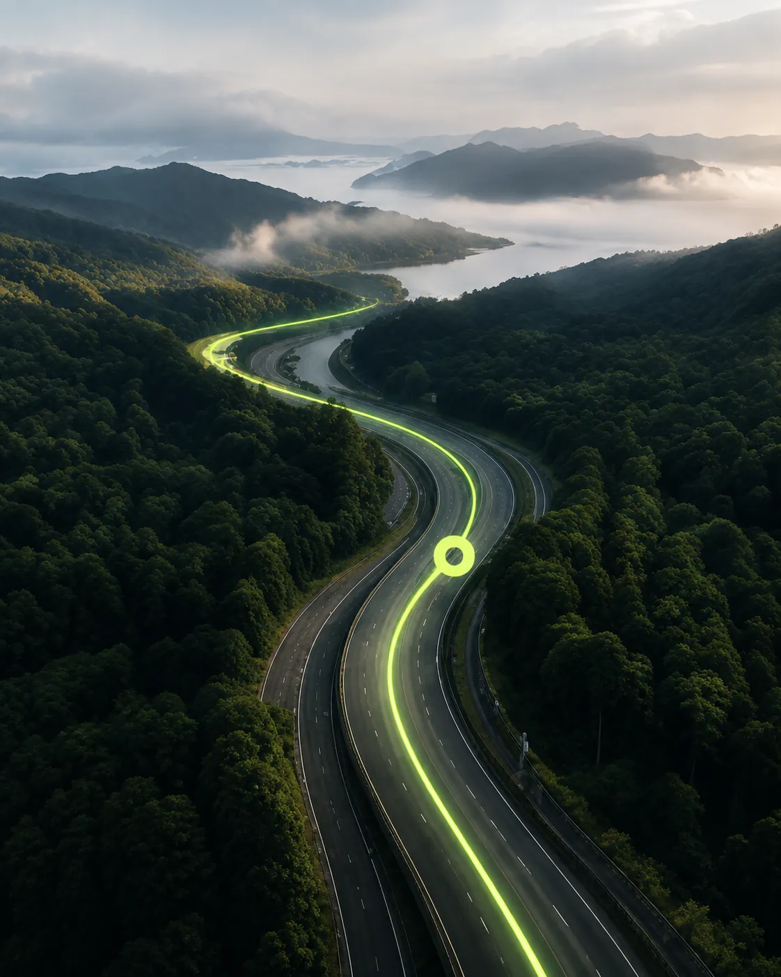 Stand-in: an aerial view of a road through forested hills at dawn