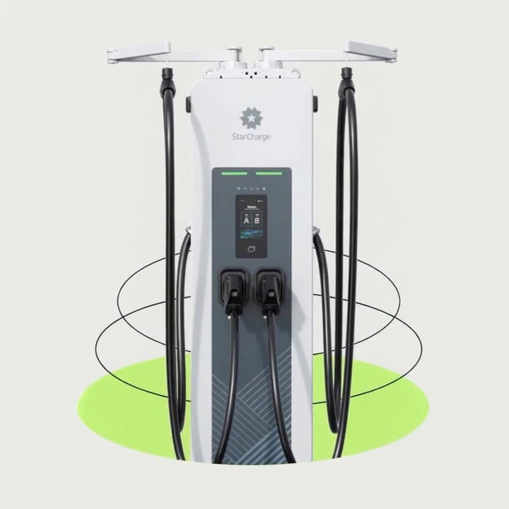 A StarCharge dual-cable DC charging station, turning slowly